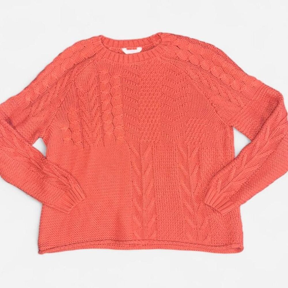 Salmon Coral Cable Knit Crewneck Sweater, Size Large